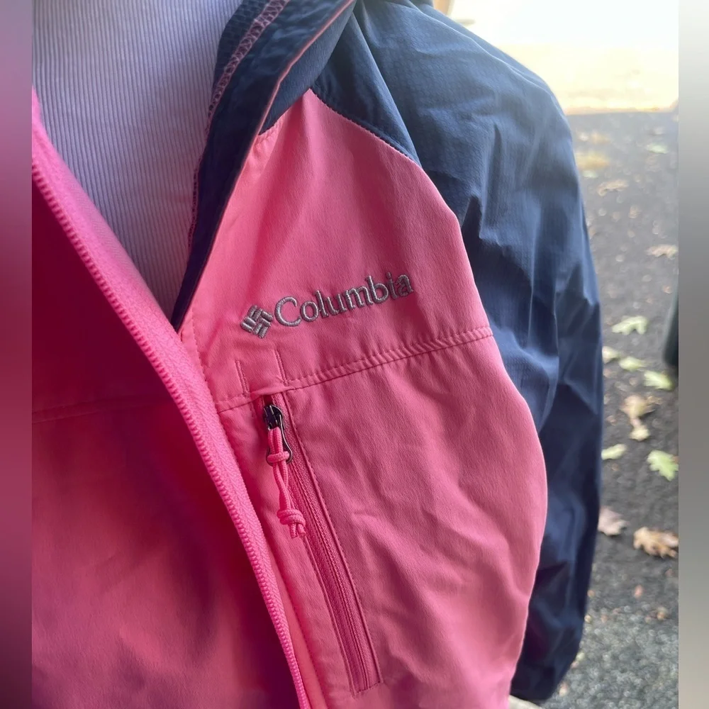 Columbia Softshell Jacket Women Medium Pink Blue Lightweight Hooded Full Zip